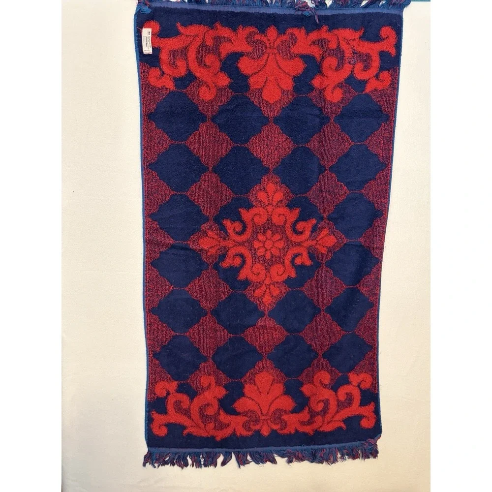 Fashion Manor 5pc Vtg Bath Towel/Washcloth/HandTowel Set/BlueRed/60s-70's/Fringe